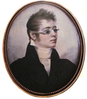 Portrait d'un gentleman portant des lunettes Railway à 4 verres bleus en 1807