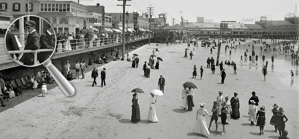 Retro sunglasses worn by a man in 1906 in Atlantic City