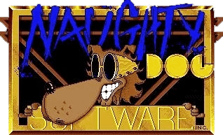 Le premier logo Naughty Dog, un chien tenant une pancarte